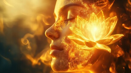 Obraz premium Glowing profile of a serene woman adorned with a luminous lotus flower, golden light, and a textured, ethereal skin