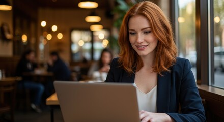A woman sits comfortably at a wooden table in a warm and inviting cafe during late afternoon. She has long, flowing red hair and wears a sleek, professional outfit while focused on her laptop. The
