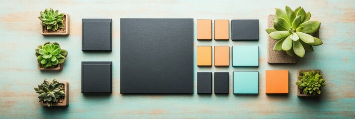 Succulents and colorful squares on a light teal surface