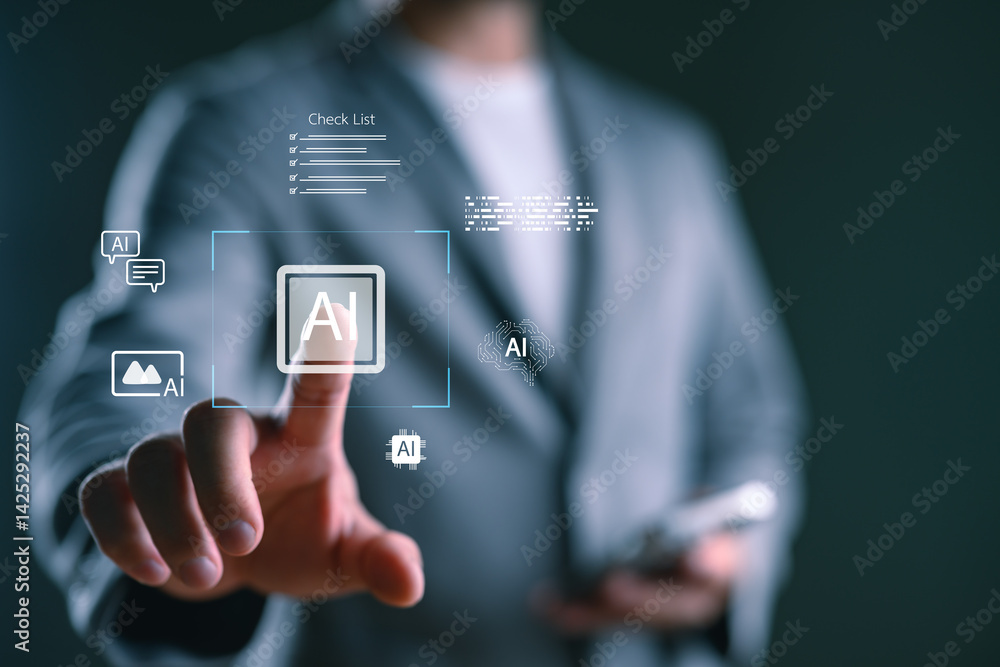 Fototapete A man interacting with AI technology, using a smart robot and command prompt to generate outcomes, showcasing futuristic transformation and the power of artificial intelligence in action.