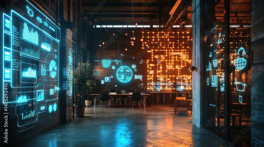 Poster futuristic co-working space with glowing interface displays and data visualizations