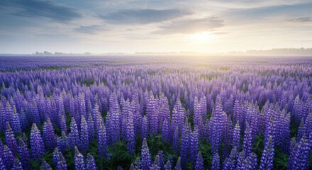 A vibrant field filled with blooming purple lupines stretches across the landscape, bathed in the gentle light of early morning. The sky above displays muted hues as the sun rises, casting a warm glow