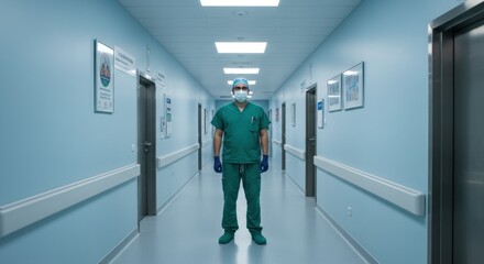 A healthcare professional wearing scrubs, a surgical mask, and gloves stands in the center of a hospital corridor. The walls are painted in a calming blue color, and bright overhead lights illuminate