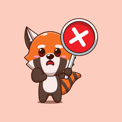 Cute red panda cartoon vector illustration with wrong sign