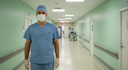 A healthcare professional is positioned in a well-lit hospital corridor, dressed in light blue scrubs, a surgical mask, and gloves. The corridor features green walls and provides a glimpse of medical