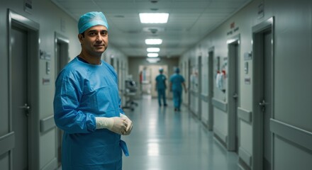 In a well-lit hospital corridor, a surgeon wearing a blue scrubs and a surgical cap stands at attention, looking directly towards the camera. His gloves indicate readiness for a medical task
