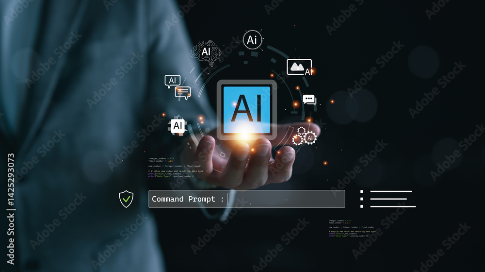 Aufkleber businessman holding glowing ai icon with command prompt, representing artificial intelligence, promp