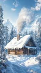 Naklejka premium Secluded log cabin nestled in snow-covered forest landscape with mountains and smoke rising from chimney on sunny winter day