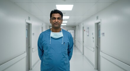 A healthcare professional stands confidently in a well-lit hospital corridor. Wearing blue scrubs and a protective mask, the individual embodies commitment to patient care. The sterile environment