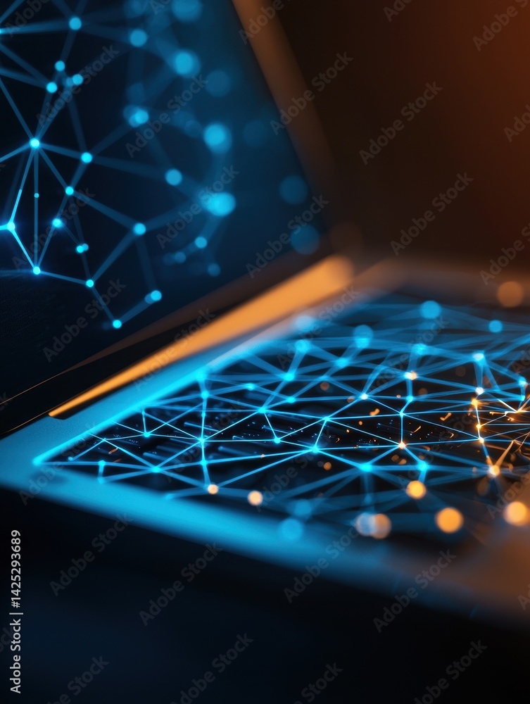 Poster illuminated laptop screen with futuristic digital network patterns