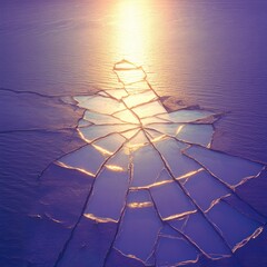 Cracked ice patterns at sunset
