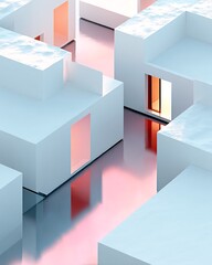 Obraz premium Minimalist abstract geometric patterns, isometric design, futuristic cityscape influence, clean lines, soft lighting, high contrast, digital painting, innovative artistic vision, gallery-quality