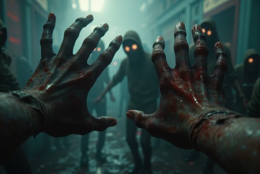 crowd scary zombie running in the dark