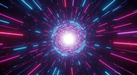 A vibrant display of colorful beams radiates from a central point, creating a swirling vortex in a cosmic environment. The mix of pink, blue, and white hues gives the impression of high-speed movement