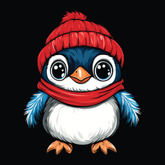 Cute Cartoon Penguin with Red Hat and Scarf in Winter