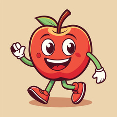 Groovy apple mascot. Funky retro character. cartoon apple, smiling, walking. Funny vintage trendy style character. Doodle Comic collection 