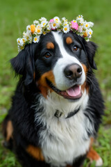 A powerful Bernese dog is wearing a flower crown and is sitting in a grassy area. The dog appears to be happy and content. Stunning model posing for high fashion look. Special event. Cute pet
