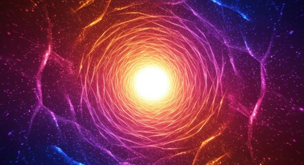A mesmerizing tunnel of light radiates from a central point, creating an inviting spiral surrounded by colorful patterns. The vibrant hues of orange, pink, purple, and blue intermingle to give a sense