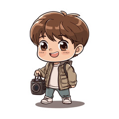 Cute Chibi Boy Photographer with Camera and Backpack