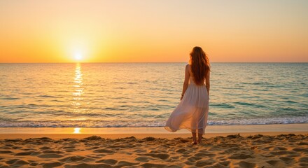 A woman stands alone on a quiet beach at sunset, facing the gently lapping waves. Her long hair flows in the soft ocean breeze, and she wears a flowing white dress that dances lightly with the wind