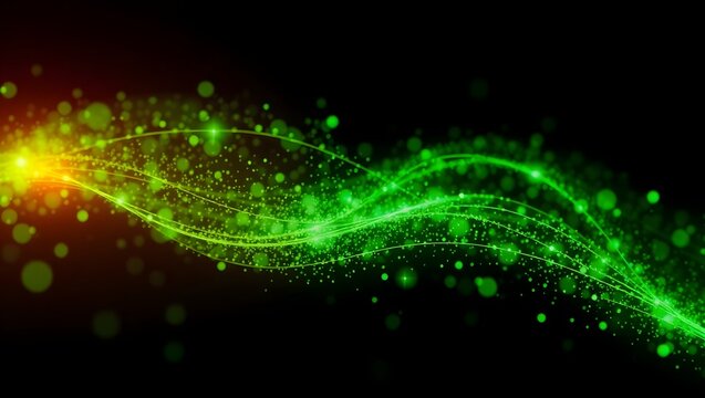 Hybrid green-gold abstract wave glowing with energy particles and fluid motion