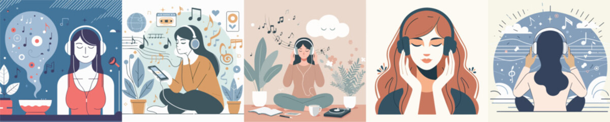 vector image of woman listening to music