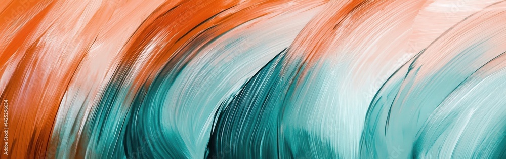 Poster fluid motion: dynamic brushstrokes transitioning from warm amber to cool teal in artistic design