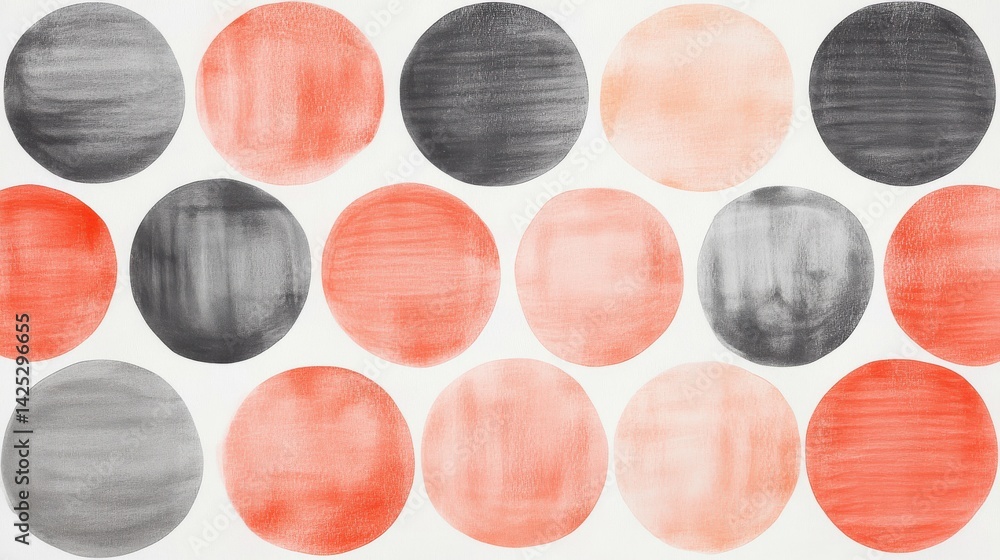 Poster Abstract Background with Pastel Coral and Gray Circles - Soft Pencil Stroke Texture Pattern on White Canvas