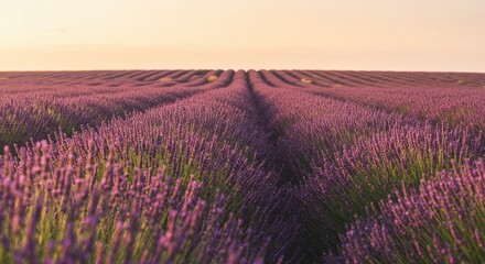 Rows of blooming lavender fill the landscape, creating a breathtaking view as the sun sets on the horizon. The vibrant purple flowers sway gently in the evening breeze, filling the air with their