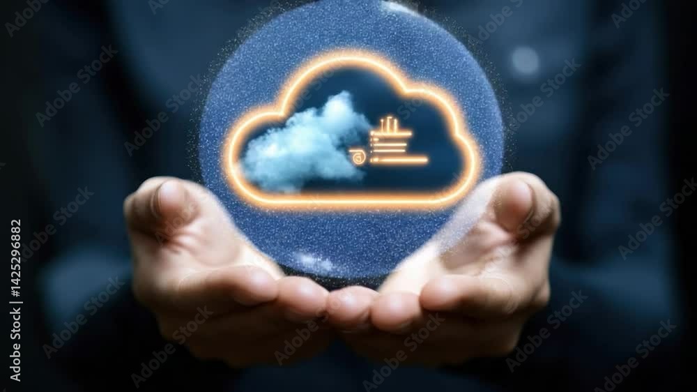 Poster hands holding a glowing cloud computing icon.