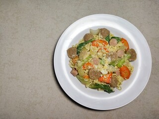Homemade capcay with fresh vegetables egg and springy noodles