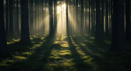 Sunlight breaks through the dense canopy of tall trees in a tranquil forest, illuminating the scene with warm, golden rays. The light creates a striking contrast with the deep shadows cast by the
