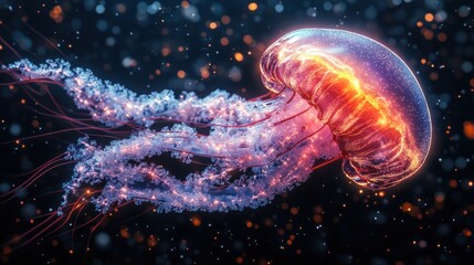 Fototapeta premium Glowing jellyfish in dark ocean