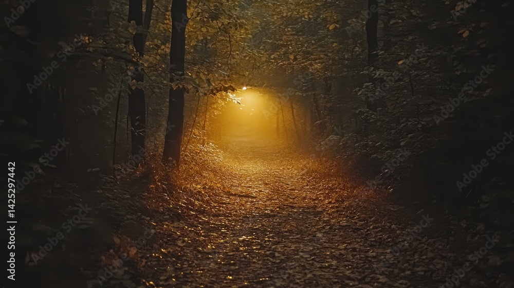 Poster Mystical forest path illuminated by golden sunlight filtering through the canopy in autumn