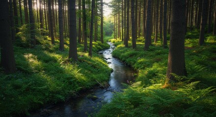 A tranquil forest setting showcases a winding stream flowing through vibrant green ferns and tall trees. The golden light of the late afternoon sun filters through the branches, casting dappled