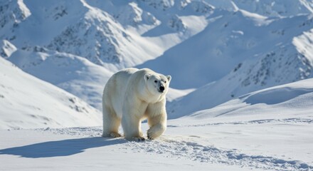 A polar bear moves gracefully across a vast, snowy terrain, surrounded by majestic mountains and a brilliant blue sky. The pristine snow covers the ground, glistening in the sunlight, as the bear's