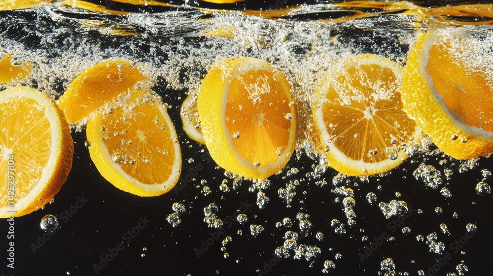 Poster sliced oranges submerged in water, creating air bubbles and splashes against a black background.