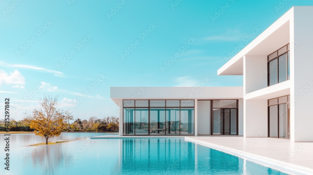 Poster modern minimalist architecture design with pool and lake view