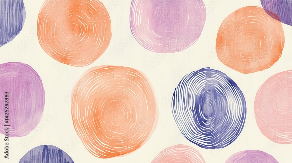 Poster minimalist pencil strokes composition with repeating circular shapes in pastel colors on textured ba