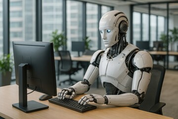 A humanoid robot is seated at a sleek office desk in a bright, contemporary workspace filled with large windows. The robot, with a metallic body and expressive blue eyes, is focused on a computer