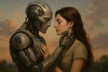 In a tranquil setting during twilight, a humanoid robot gently cradles the face of a young woman with an expression of deep affection. The contrasting textures of the cold metallic body and the soft