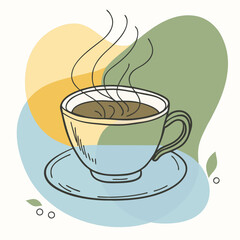 A cup of hot coffee with steam rising from it, depicted in a minimalist and colorful illustration.