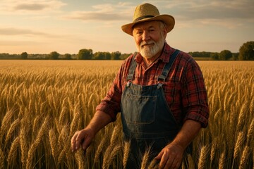 An elderly farmer wearing a straw hat and denim overalls stands proudly in a vast golden wheat field. Sunlight filters through the tall stalks, creating a warm, inviting glow. The farmer's white beard