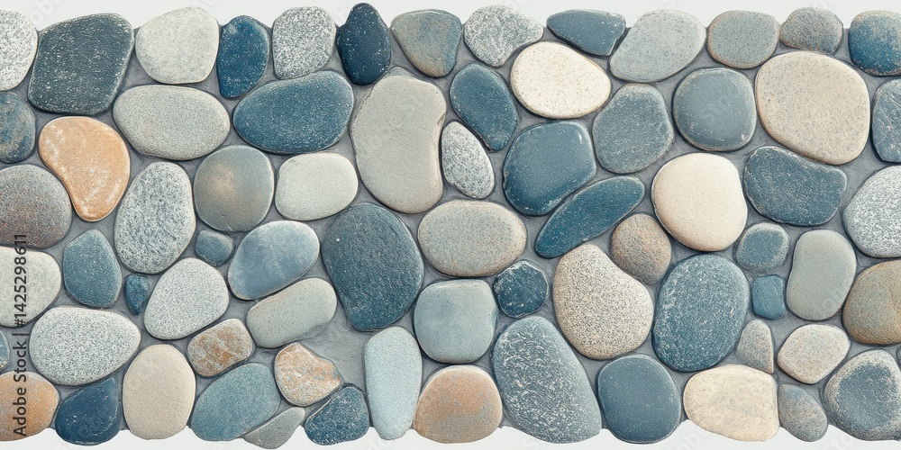 Poster smooth pebble stone wall texture - abstract natural background with blue and gray rounded rocks