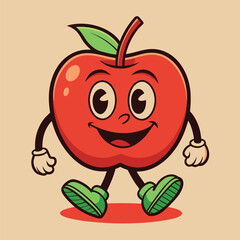 Groovy apple mascot. Funky retro character. cartoon apple, smiling, walking. Funny vintage trendy style character. Doodle Comic collection 