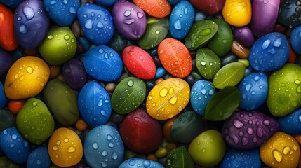 Vibrant Pebble Mosaic: A captivating mosaic of polished pebbles, each bearing a unique hue and adorned with glistening water droplets, arranged in a visually stunning and textured display.