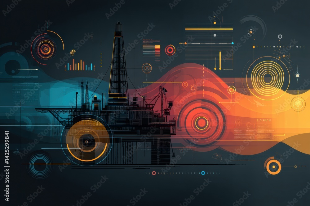 Poster digital illustration of an oil rig integrated with futuristic ui elements showcasing advanced techno
