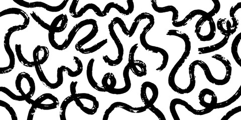 abstract pattern featuring bold, hand-drawn brush stroke lines, loops, squiggles, and grunge ink textures on a white background.