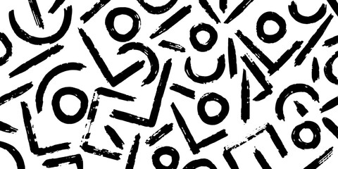 abstract pattern featuring bold, hand-drawn brush stroke lines, loops, squiggles, and grunge ink textures on a white background.