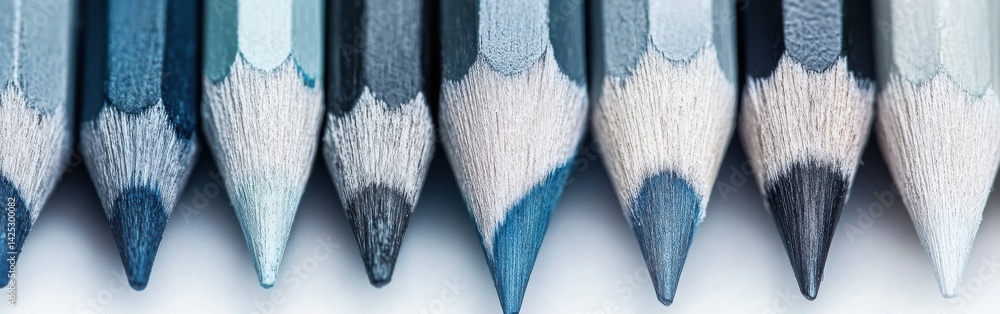 Poster macro of gradient pastel blue pencils lined up in a row, emphasizing their sharpened tips and textur